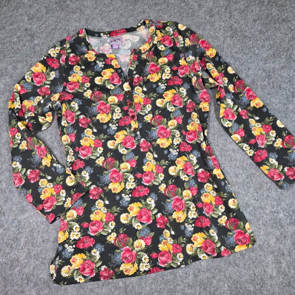 Floral Henley Shirt Top Roses Long Sleeve Large Cottagecore Feminine Grandmacore